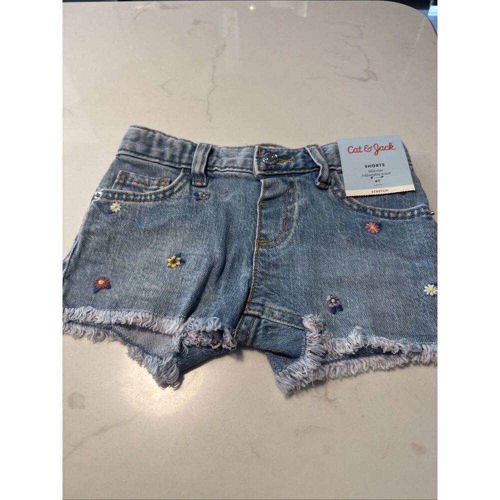 Cat & Jack Toddler Girls Denim Shorts Floral Embroidered Frayed Hem Size 4T NWT